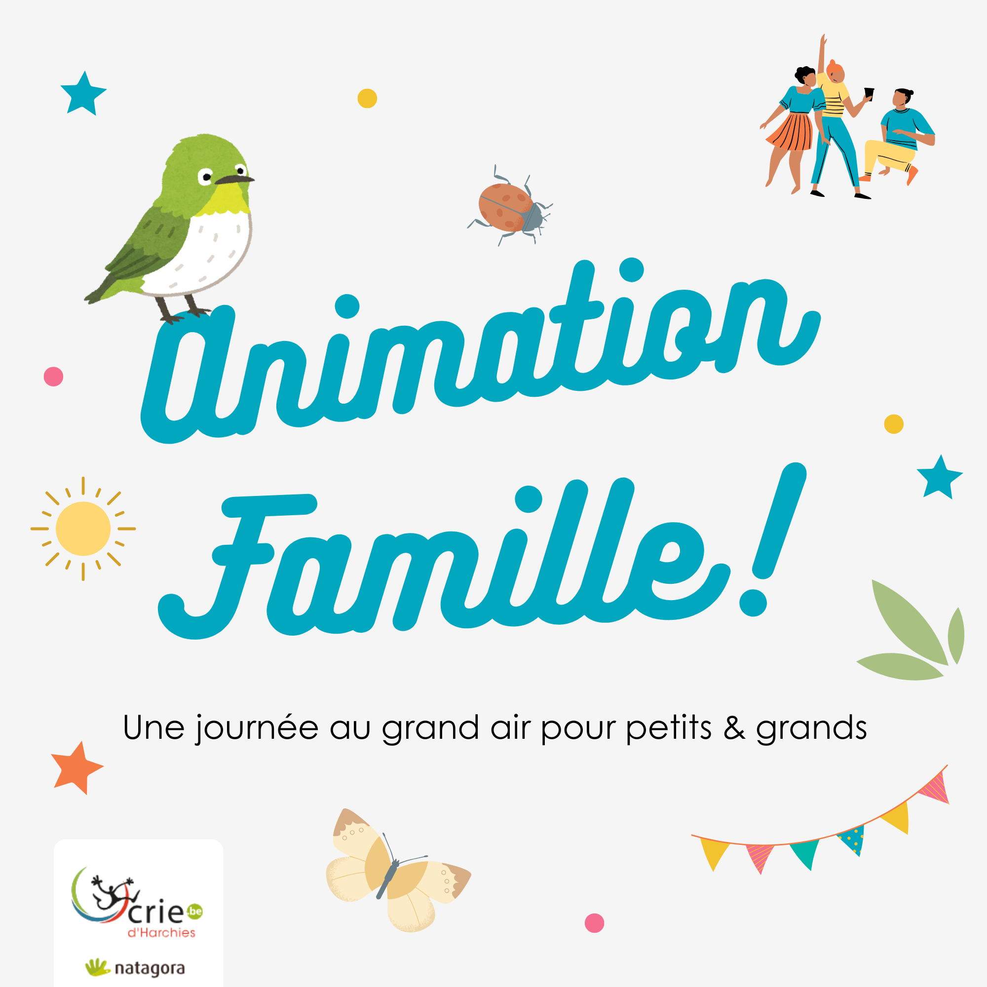 texte "animation  famille" central entouré de dessin : petit oiseau vert, groupe de personne, soleil, feuilles,...